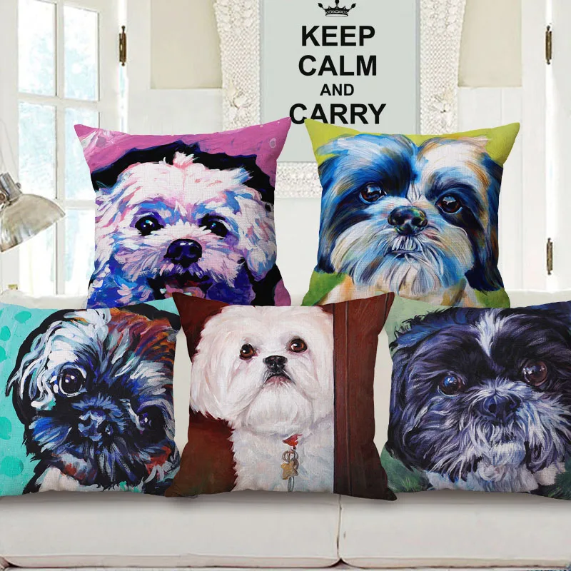 

Oil Painting Bichon Frise Dogs Cushion Covers Daschunds Sausage Dog Cushion Cover Decorative Linen Pillow Case For Sofa Couch