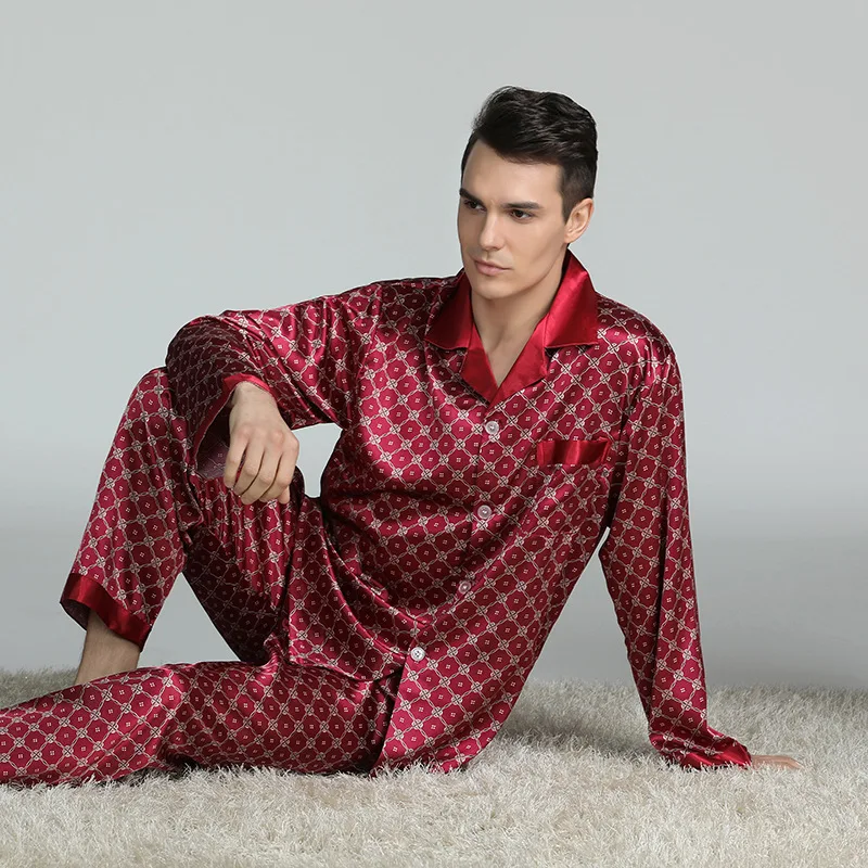 

Men's printed silk pajamas Spring and autumn long-sleeved suits plus size home t mens pajama set ice silk pants bts pajamas