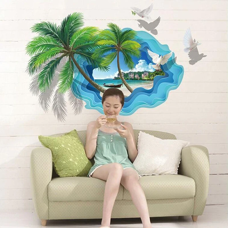 Красочные Пальма стены наклейки home decor 3D Ocean настенные панно для гостиной Cute Birds Наклейки на стены