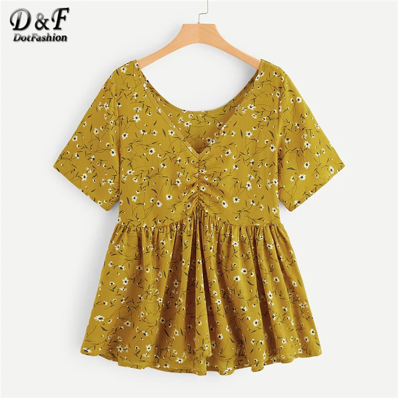 

Dotfashion Plus Size Ginger Ruffle Hem Ditsy Floral Chiffon Blouse Women Summer Top 2019 V Neck Short Sleeve Tops Womens Blouses