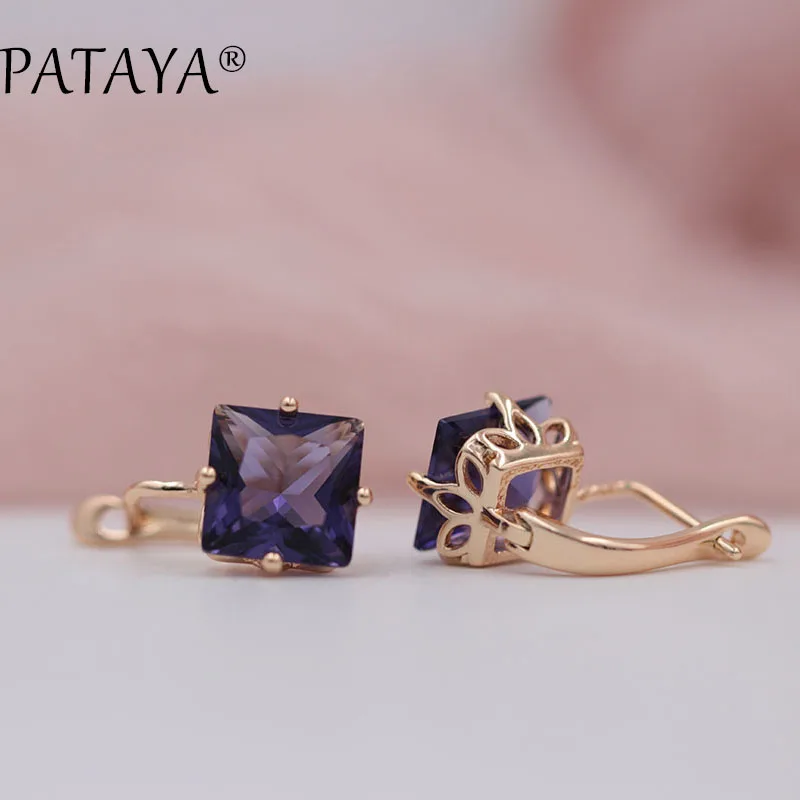 purple PATAYA Многоцветный квадратный дизайн 585 Настоящее розовое золото AB Природный Цирконий Роскошные серьги для женщин Красивые модные вечерние ювелирные изделия - Окраска металла: purple