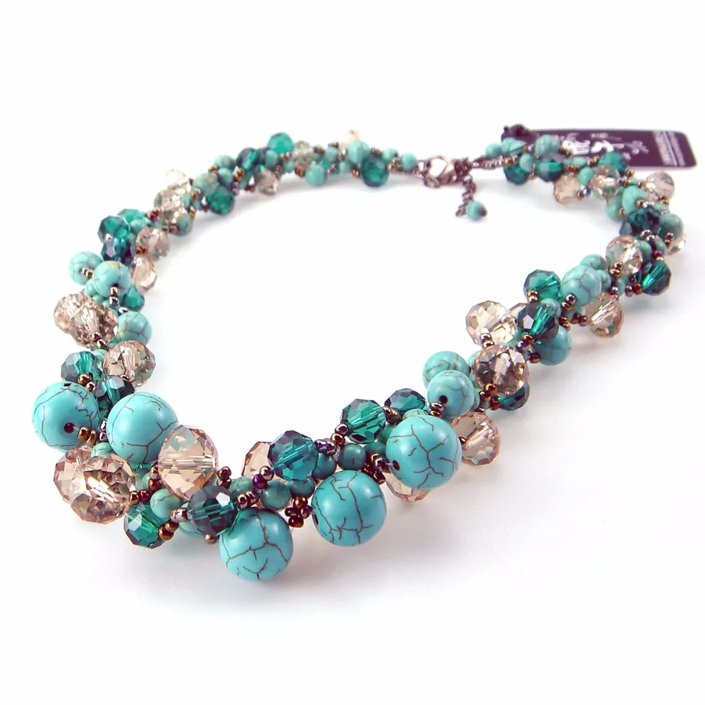 

Retro Women's Exaggeration Mixing crystal ball necklace pearl turquoises Short Clavicle Chain statement choker necklace Jewelry