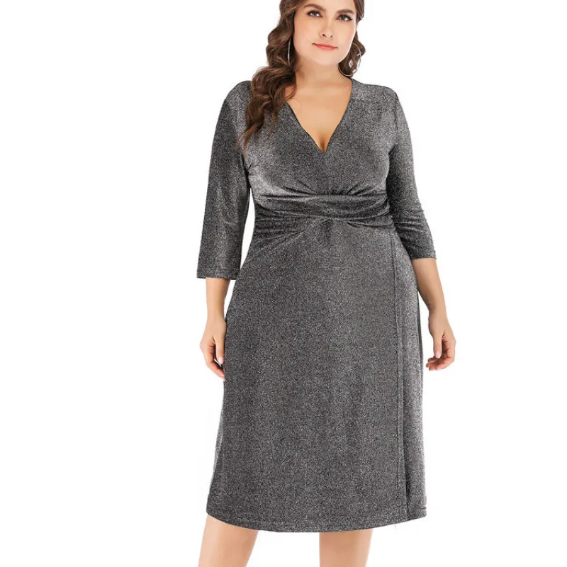 

Woman Plus Size Midi Dress Summer Autumn TUHAO V-neck Three Quarter Sleeve High Waist Elegant Party Dress T1816
