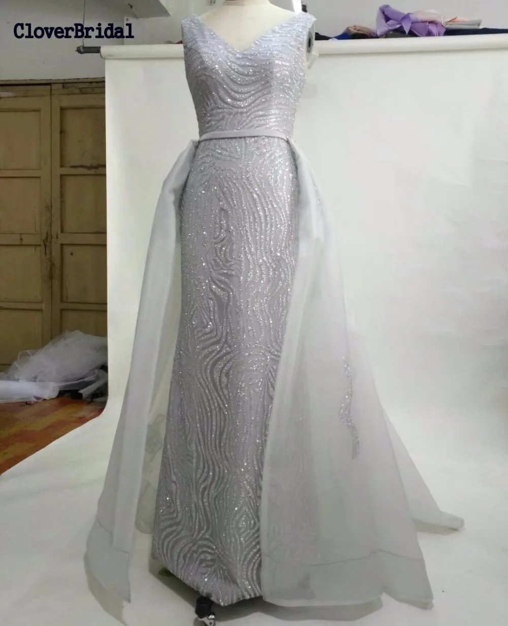 

CloverBridal 2017 new mermaid long train silver dress for graduation shinning luxury glitter bling prom dresses with outerskirt