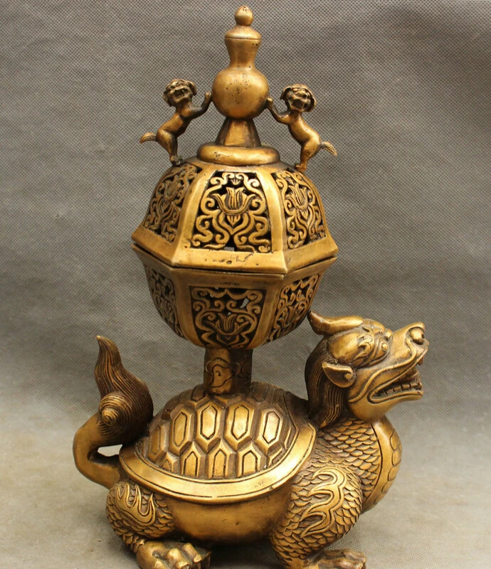 

song voge gem S5342 12" Chinese Bronze Buddhism Dragon Turtle Statue Up Lion Incense Burner Censer