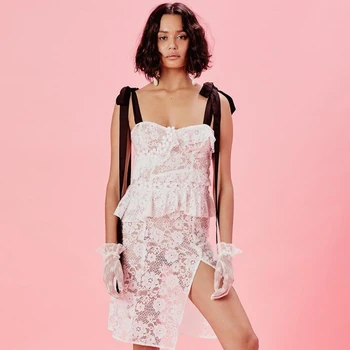 

2019 Spaghetti Strap Fashion Backless Bow Lace Ruffles Women Sleeveless Bandage Beach Style Slit Loose Party Dresses Wholesale