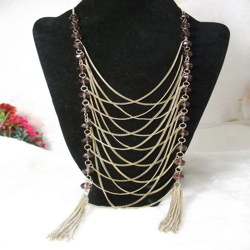 

Luxury Crystal Multi Chains Tassel Necklace Europe Handmade Complex Chains Purple Lt Topza Tire Beads Necklace For Woman Gift