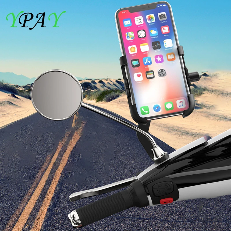 

YPAY Aluminum motorcycle rearview mirro Phone Holder With USB Charger bike Handlebar Bracket Stand for 4-6.2 inch phone mount
