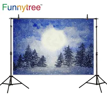 

Christmas backdrop for photographic studio winter snow forest night moon watercolor professional background photocall prop