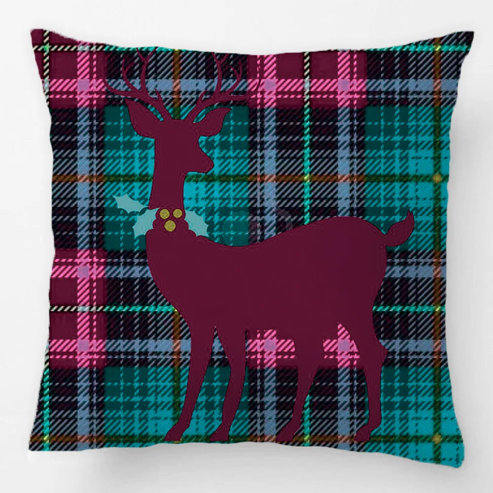 Xmas Deer Holly Wreath GreenBlue font b Tartan b font Plaid Throw Pillow Case Decorative Cushion