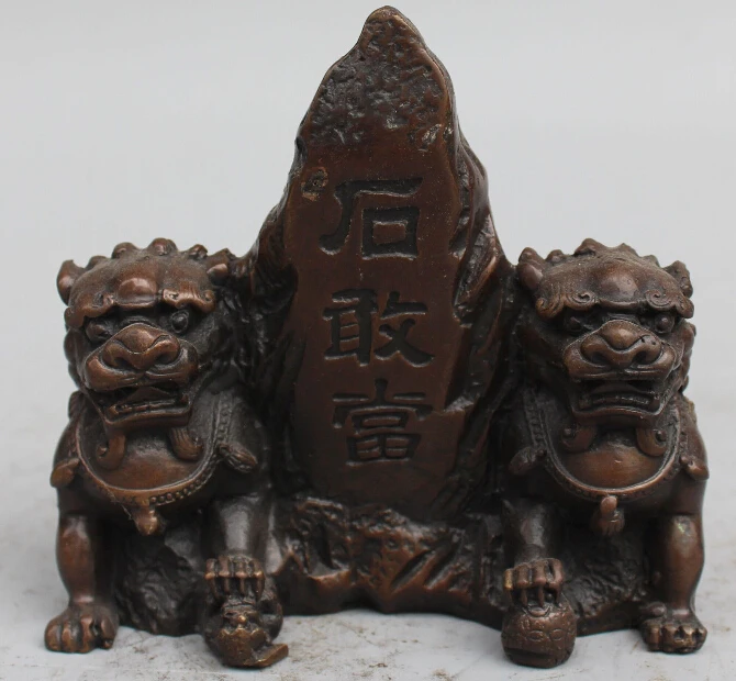 

004152 Chinese Bronze Carved Guardian 2 Foo Fu Dog Phylactery Door Lion animal Statue