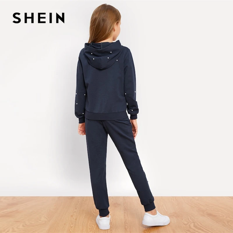 SHEIN/Детская толстовка с капюшоном с жемчужинами для девочек, повседневный топ и штаны комплект из двух предметов, г. Весенний комплект детской одежды с длинными рукавами