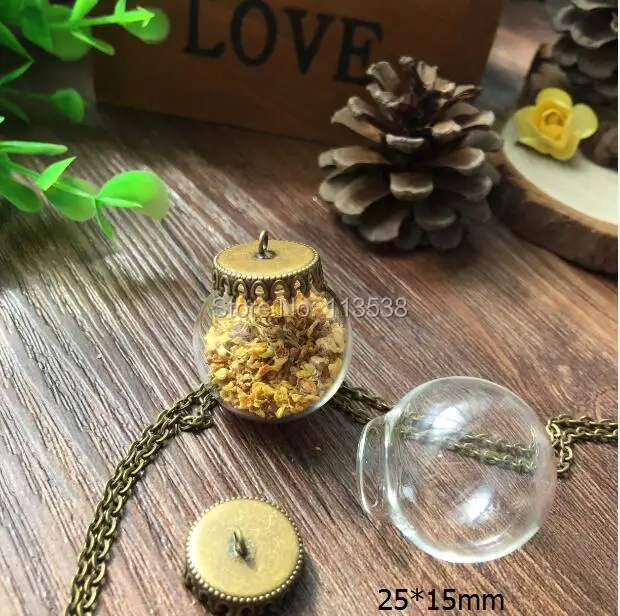 

20sets/lot 25*15mm(opening) Round Clear glass globe & bronze base set glass dome bubble vial pendant diy glass bottle orbs