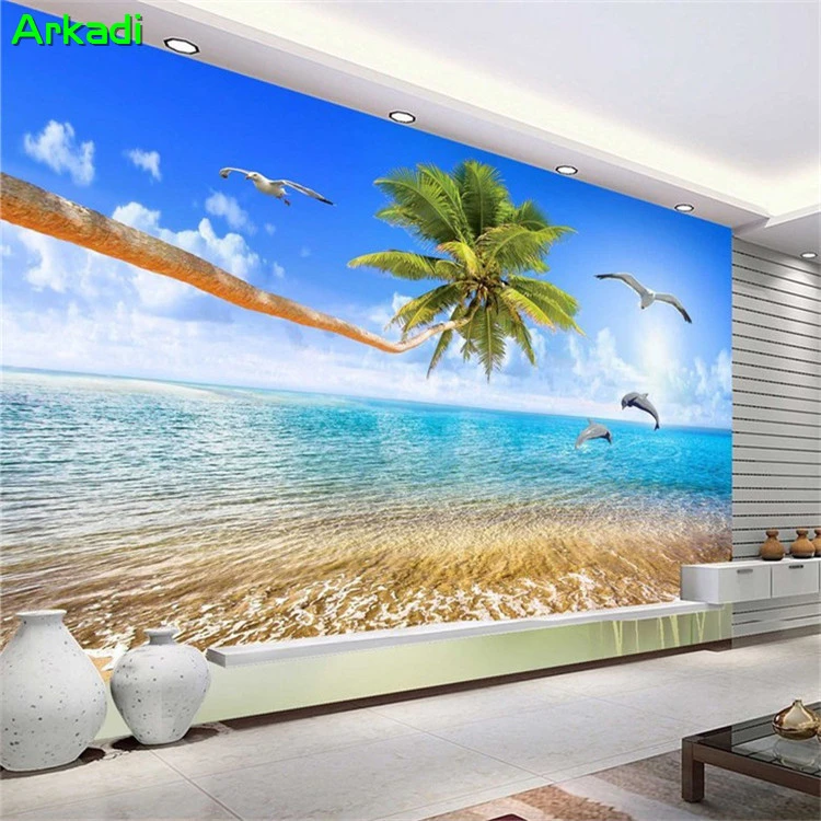カスタム壁画壁紙美しい海景ビーチ青空海ホワイトクラウド椰子愛イルカ写真の背景壁画 壁紙 Aliexpress