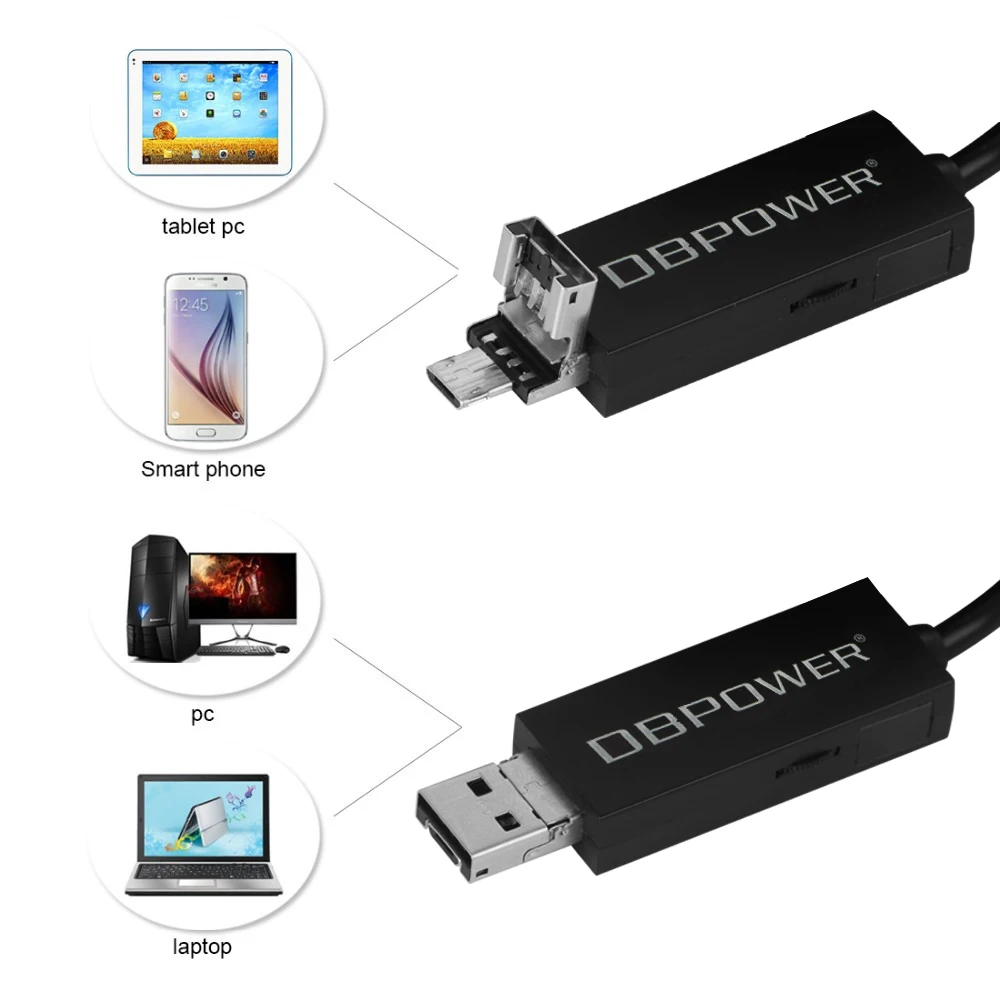 

DBPOWER 2 in 1 720P USB Endoscope Inspection Cameras 7MM 0.3M Borescope Video Cam 6 Adjustable LED Night Vision for Android PC
