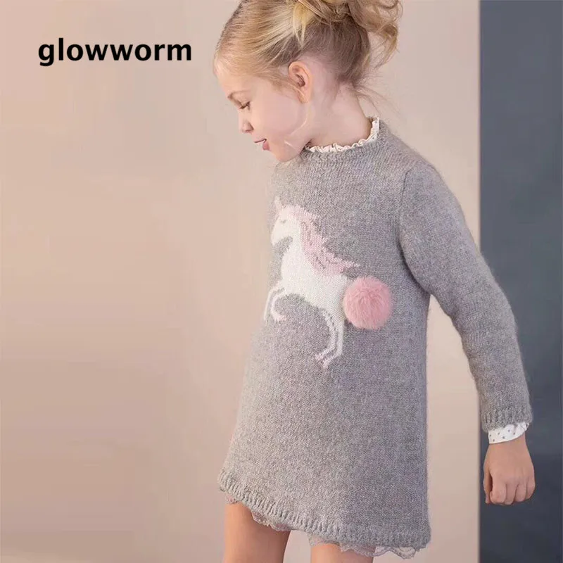 

Glowwormkids Knit Dress Babys Girls Unicorn Pattern Lace Hairball 2018 Autumn Winter New Runway Girls Clothing hs017