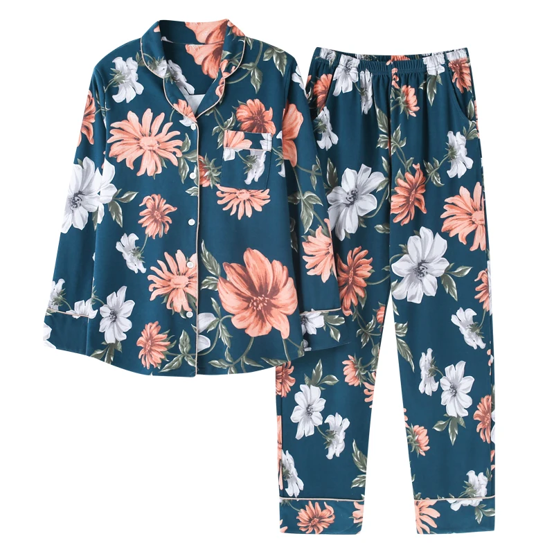 Autumn Winter 100%Cotton Floral Warm Women's Long Sleeve Pajamas Set Turn-down Collar Cardigan Big Size M-XXL Female Clothing | Женская