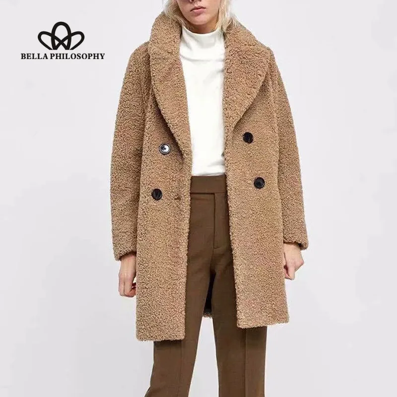Wonder 2018new autumn Long Sleeve Warm Coat Vintage Double Breasted Female Thick Warm Fur Coat New Casual Lamb Fur Lady Outwears
