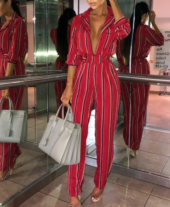 

V Neck Jumpsuits Womens Rompers Long Sleeve Knot Tie Striped Overalls For Women Long Sleeve Bodycon Female Jumpsuit