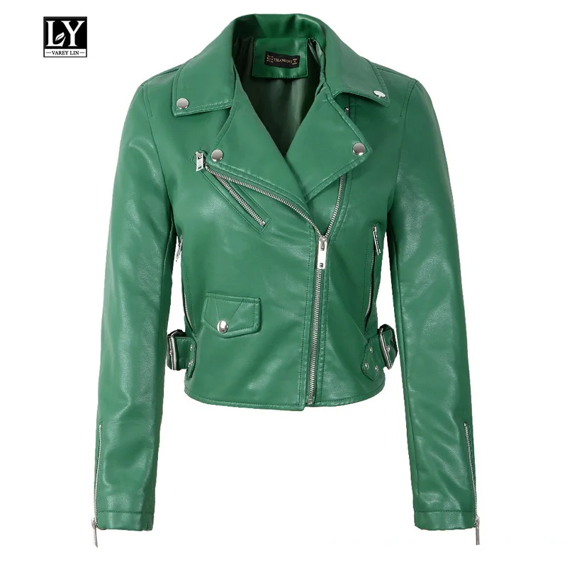 

Ly Varey Lin 2019 Spring Women Pu Motorcycle Faux Soft Leather Jacket Overcoat Rivet Zipper Turndown Collar Red Black Outerwear