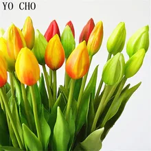 Yo cho 6 pçs/lote mini tulipas pu flores artificiais flor de casamento decoração para casa acessórios luau fontes de festa diy bouquet de noiva