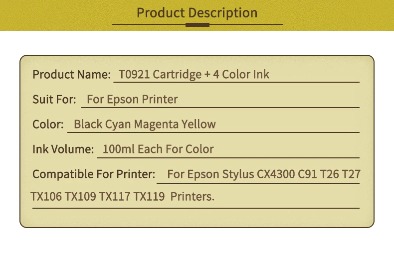 T0921 многоразовый картридж для EPSON Stylus T26 T27 TX106 TX109 TX117 TX119 C51 C91 CX4300 принтер+ 4 цвета Заправка чернилами