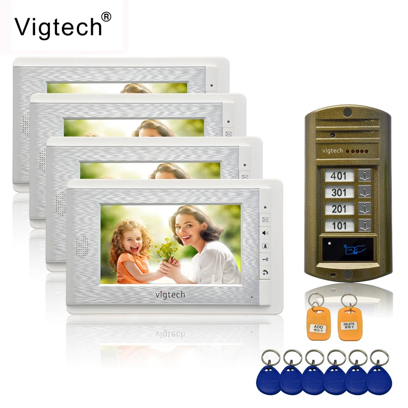 Vigtech 7'' color video door phone 4 monitors with 1 intercom doorbell can control 4 houses for multi apartment RFID Camera