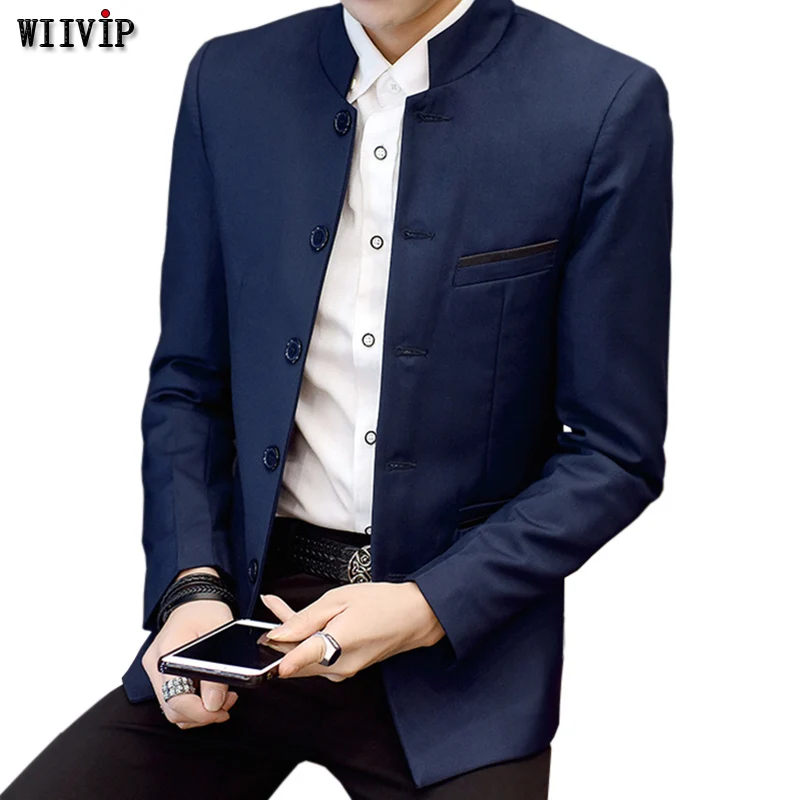 M 4XL New Men Stand Mandarin Collar Blazer Full Sleeve Single Breasted