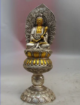 

song voge gem S0926 Tibet Buddhism Old White Copper Silver Lotus Kwan-yin Guanyin Bodhisattva Statue