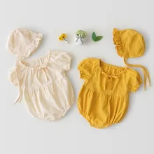 Летние хлопковые комбинезоны для новорожденных девочек с пышными рукавами, комбинезоны для новорожденных с оборками, 2 предмета, детская одежда для малышей