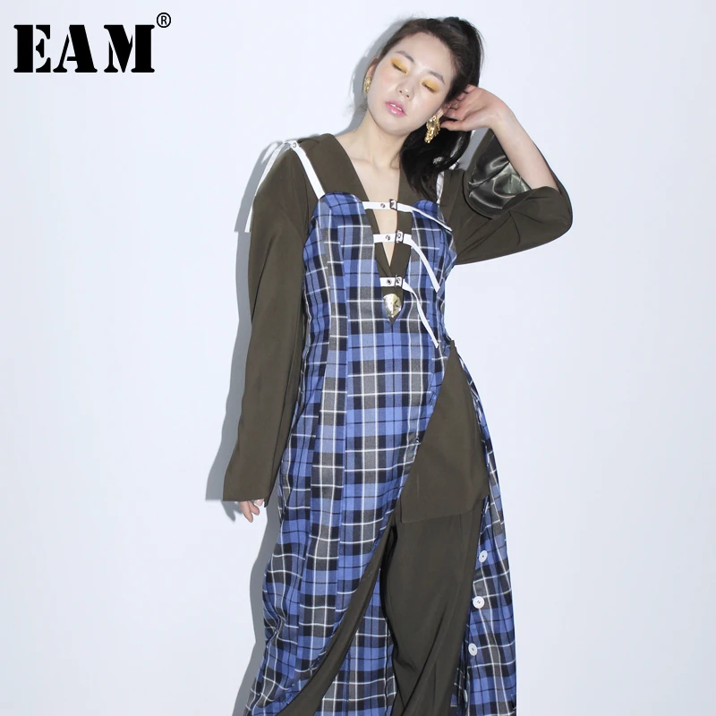 

[EAM] 2019 New Spring Summer Spaghetti Strap Blue Plaid Buckle Split Joint Irregular Hem Dress Women Fashion Tide JR263