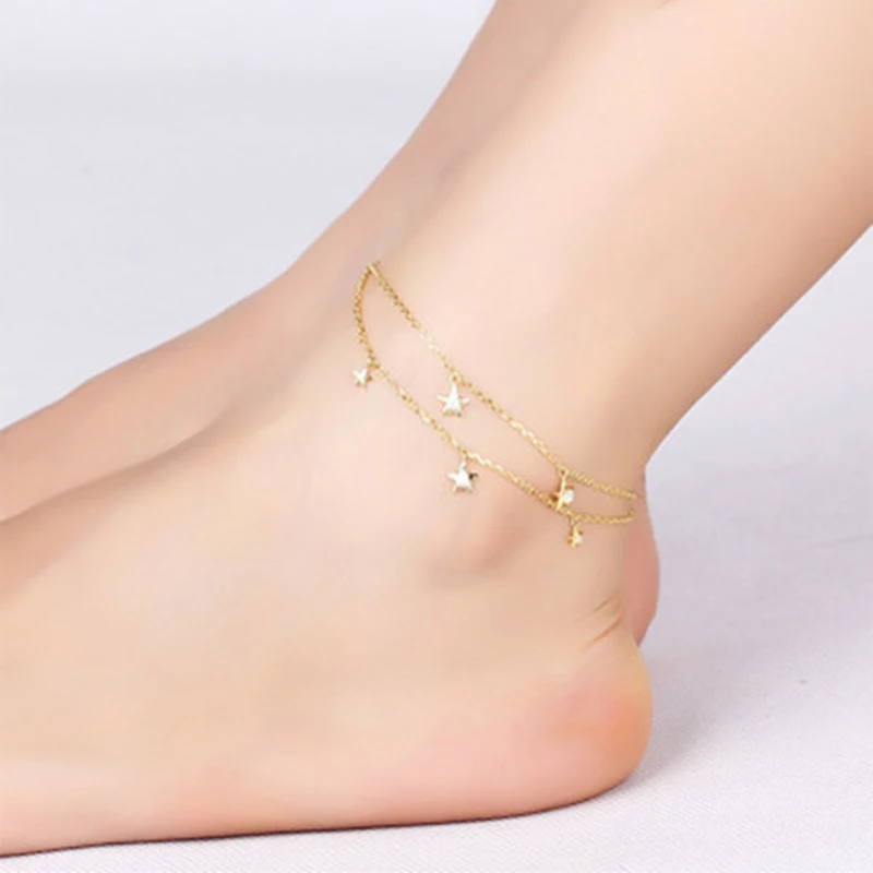 Fine Jewelry 100% 925 Sterling Silver Summer Ankle Bracelet Gold Anklet Elegant Star Foot Leg Chain Charm for Women Gift (8)