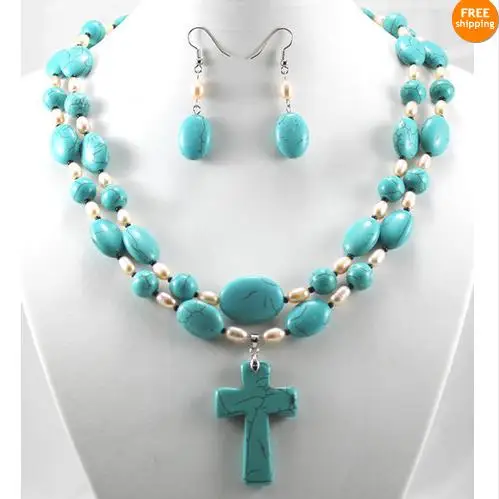 New Arriver Pearl Jewellery Set,2rows Blue Turquoises Natural White Freshwater Pearls Cross Pendant Necklace Earrings New Arriver Pearl Jewellery Set,2rows Blue Turquoises Natural White Freshwater Pearls Cross Pendant Necklace Earrings