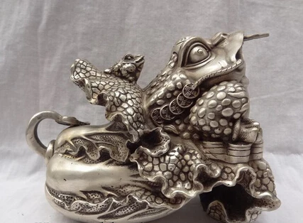 

bi002320 9" Chinese Silver Sculpture Fu RuYi Hoptoad Toad Ride Cabbage Brass Coin Statue