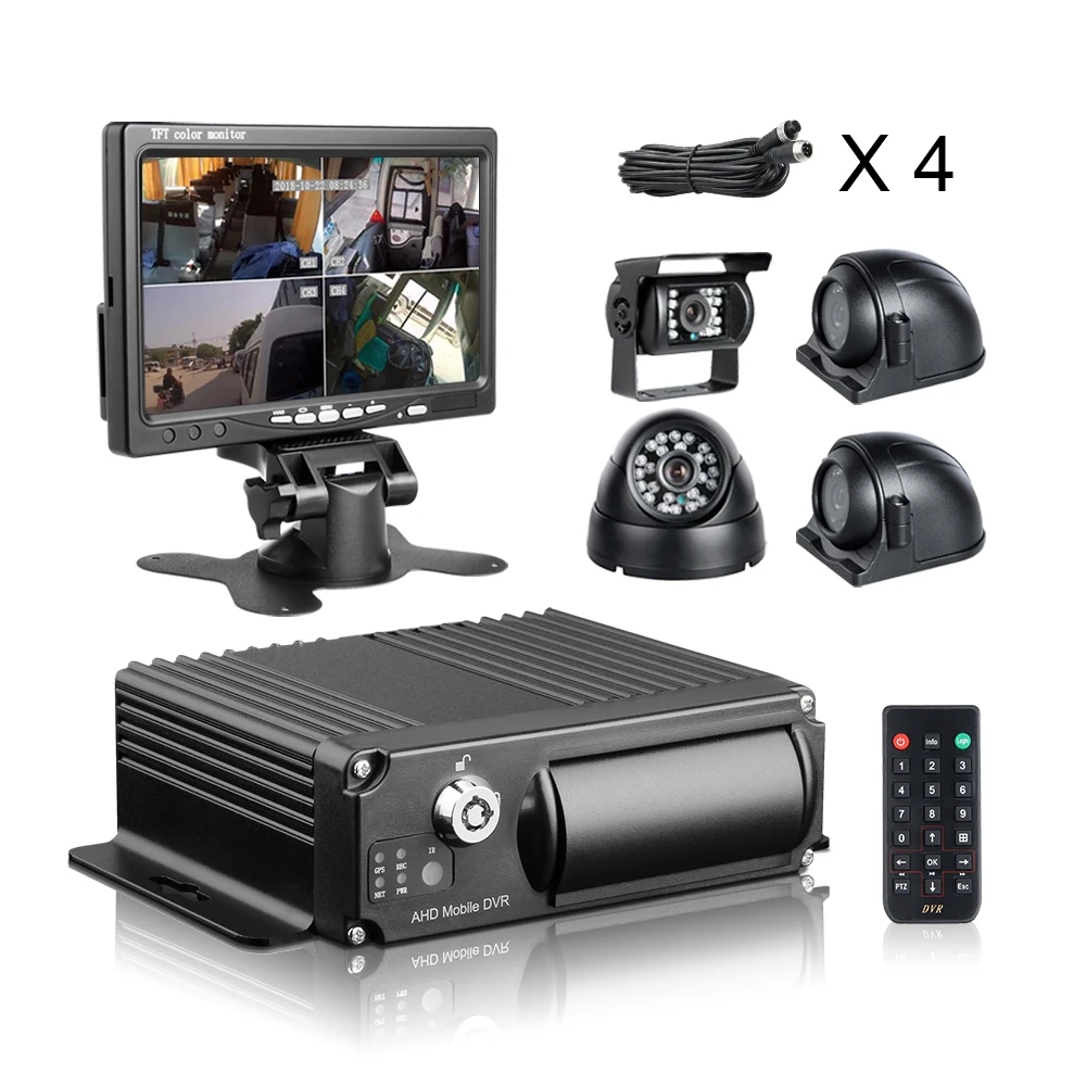 

4CH 1080P 128G SD Card Mobile DVR with AHD 2.0MP IR Night Vision Cameras 7inch VGA Monitor for Taxi Truck Bus Recorder