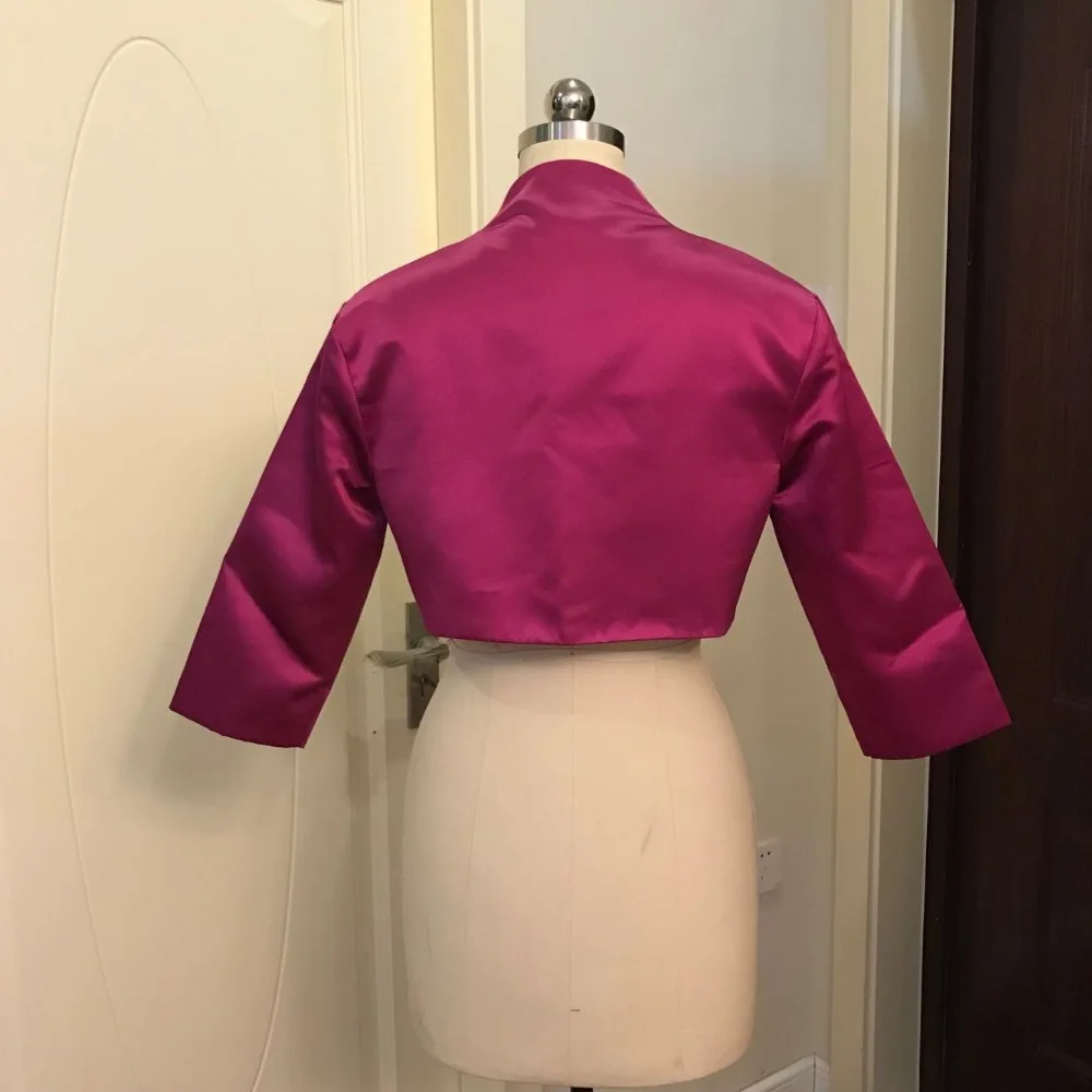 Walk Beside You Fuchsia Bolero Women Party Cape 3/4 Sleeves Shrugs Satin Bridal Jacket Bolero Feminino Adulto Custom Made 2019