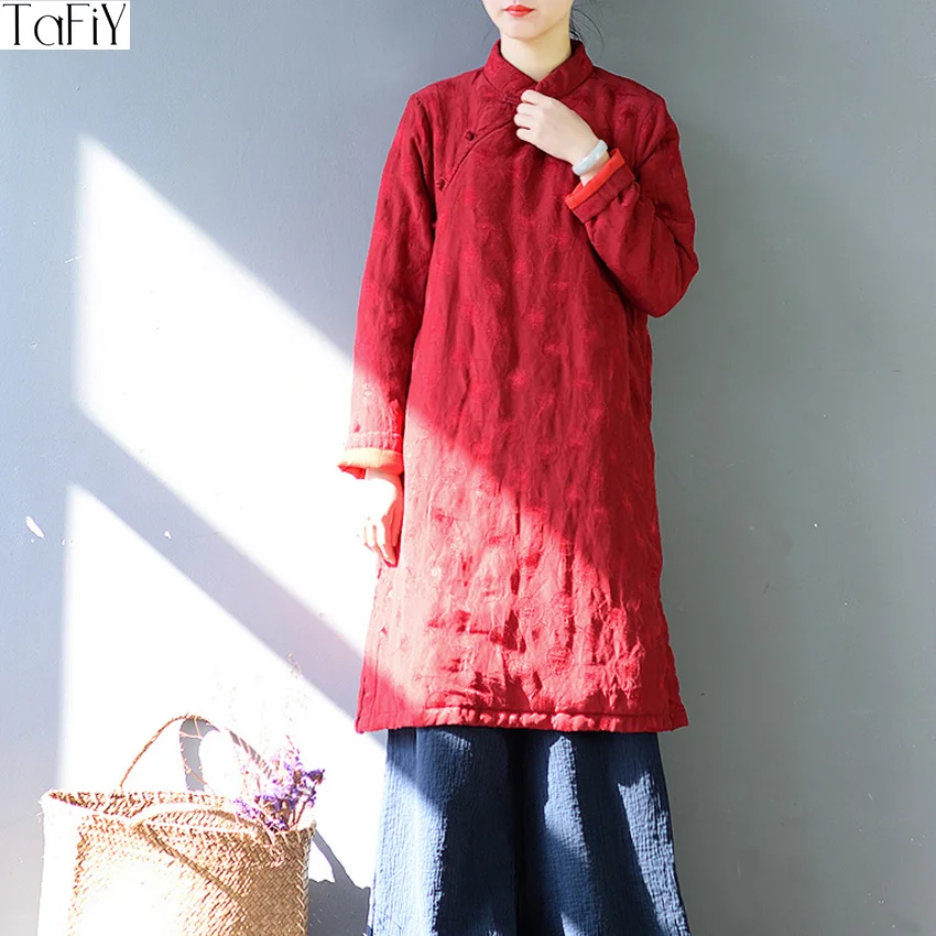 

TaFiY 2017 Silk Cotton Women Winter Dress Vintage Plate Buttons Jacquard Mandarin Collar Cheongsam Quilted Cotton Robe Vestidos