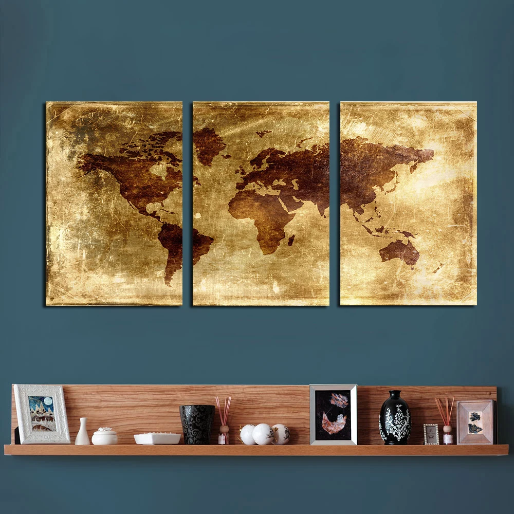 

QKART Posters And Prints Wall Art 3 Panels World Map Pictures for Living Room Oil Paintings On Canvas Framless Canvas Painting