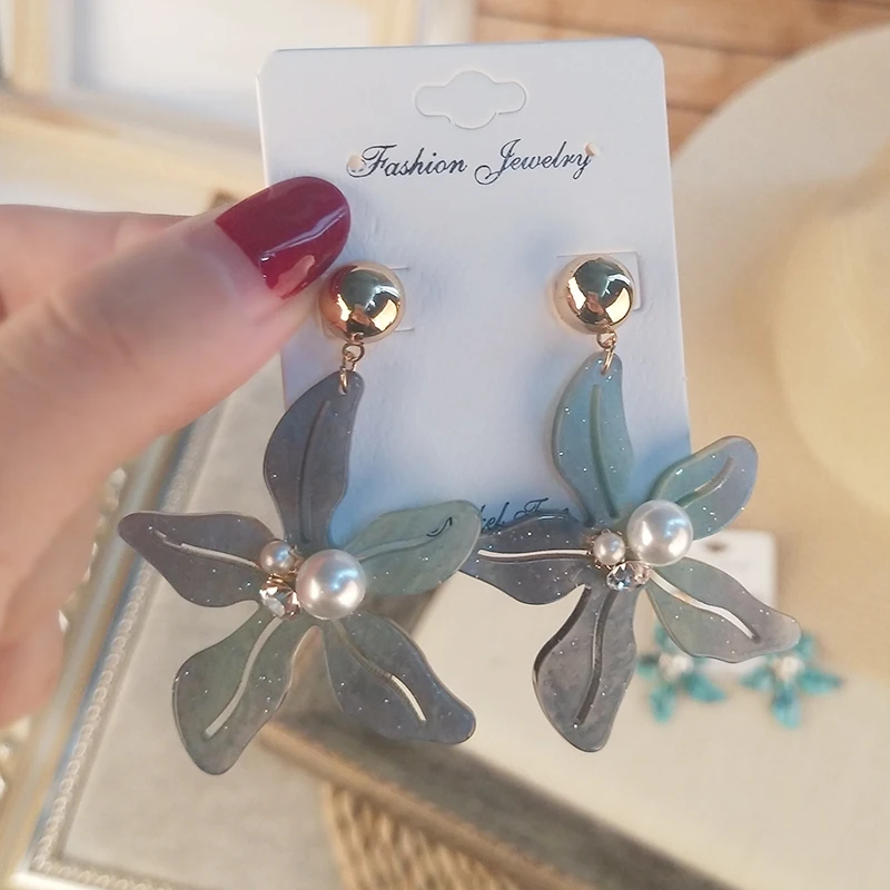 GuanLong Trendy Big Acrylic Drop Earrings for Women 2018 Statement Imitation pearl Earrings Fashion Jewelry Dangle Flower Brincos (2)
