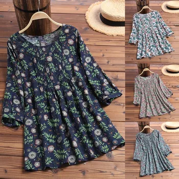 

KLV t shirt harajuku футболка женская Women Vintage Floral Print 3/4 Sleeve O-Neck Pleated Loose Top Shirts free shipping D4