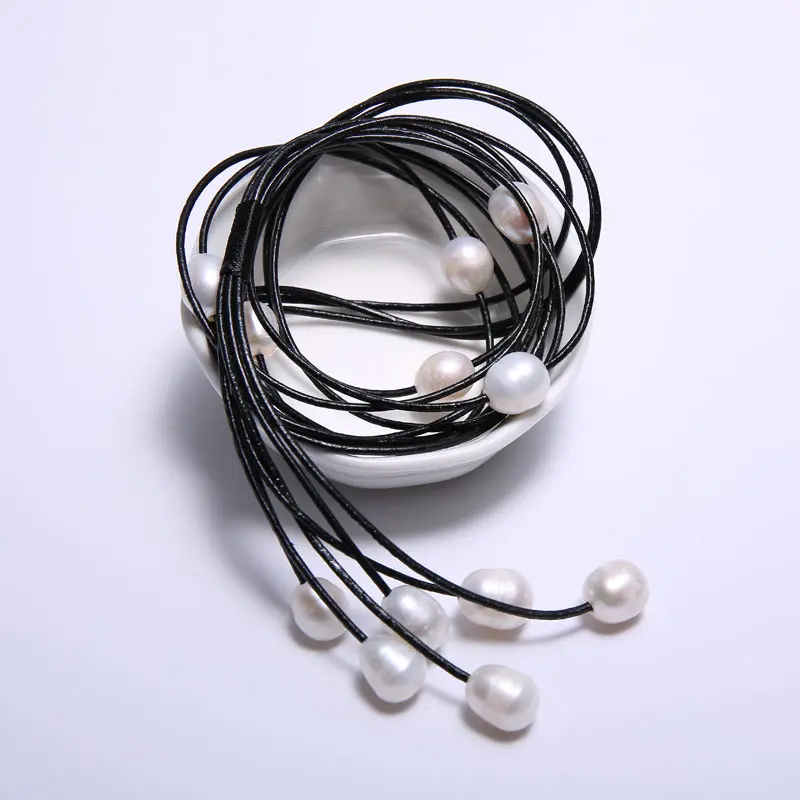 Black Leather 10-11 mm String Pearl Necklace 68 cm Long, 5 Star Pendant 10.5 cm Long