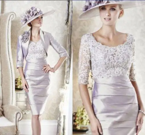 

free shipping vestido de madrinha 2014 Custom mother of the bride lace dresses sleeves taffeta wedding party dress with jacklet