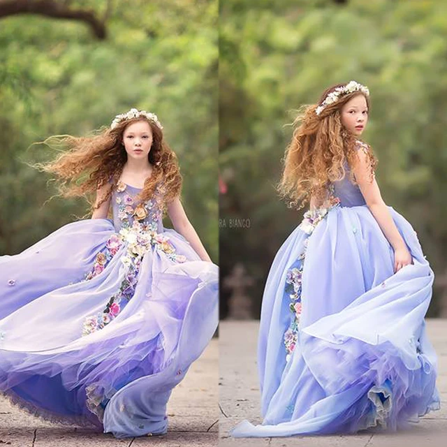 Cheap Custom Make Lavender Little Girls Dresses Baby Dresses Crew Neckline Hand Made 3D Flowers Organza Ball Gown Flower Girls' Dress