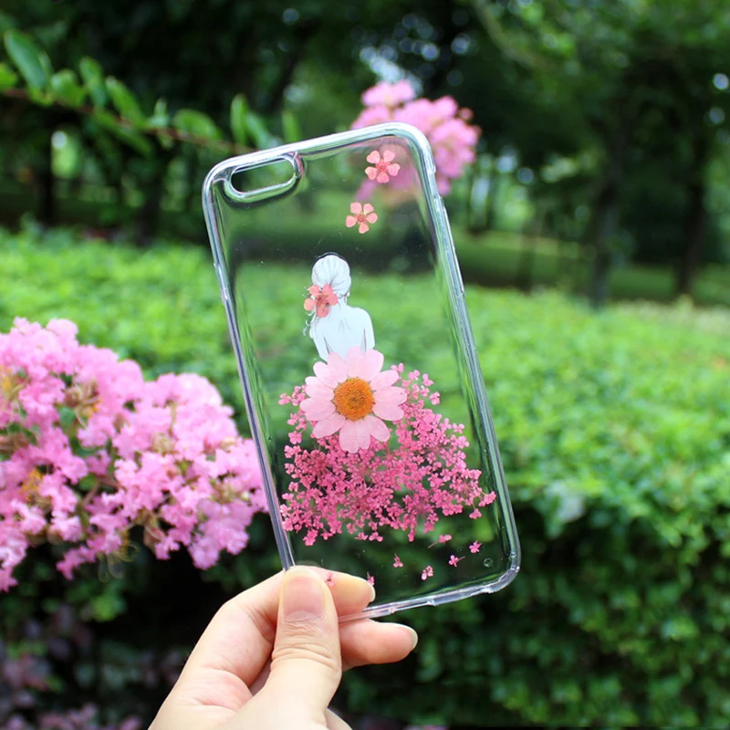 

Lovely Gril Dry Handmade Dried Real Flower Transparent Soft Cover For iphone X 8 7 7plus 6S 6 Plus Case TPU Protective Cover