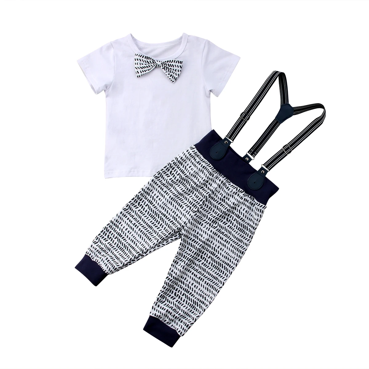 Formal Party Clothes Newborn Baby Boy White  Short Sleeve  Bow Knot Tops T-shirt+Bib Pants Outfits  0-24M