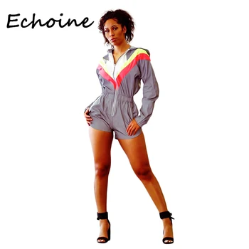 

Echoine Jumpsuit Color Patchwork Hooded Long Sleeve Zipper Short Bodysuit Rompers Womens Jumpsuit Overalls