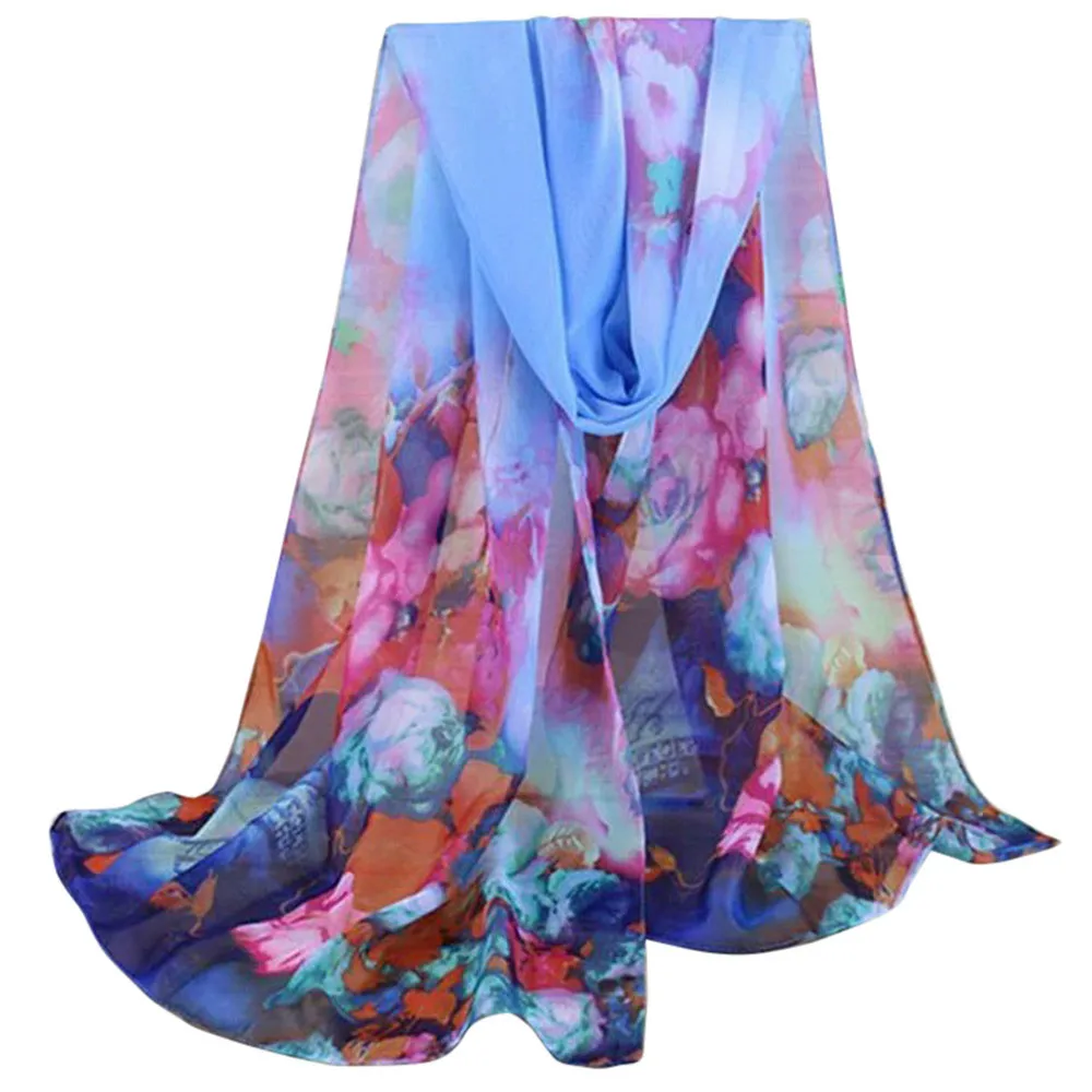 Женский шифоновый шарф, Длинный мягкий Пляжный платок, высокое качество, цветочный принт, женские шарфы и палантины# RN