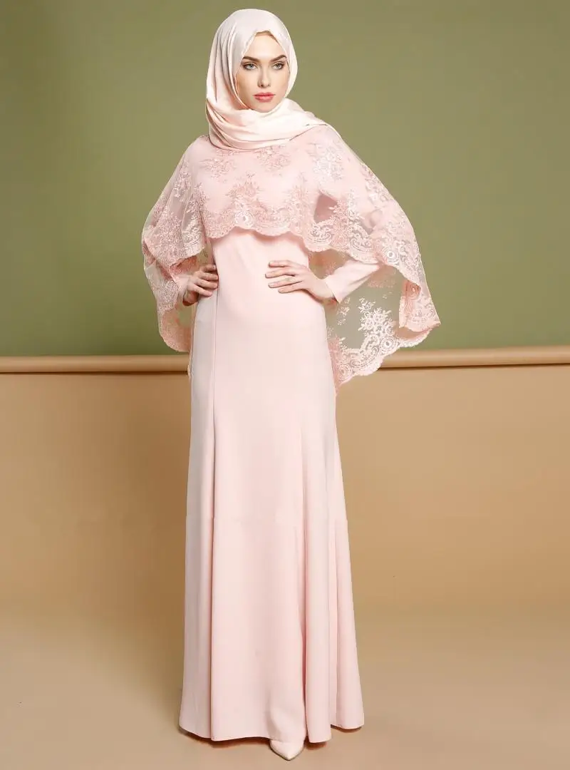 Plus Size Vestido UAE Abaya Muslim Kaftan Women Party Two Piece Set Lace Shawl& Hijab Dress Dubai Turkish Islamic Clothing