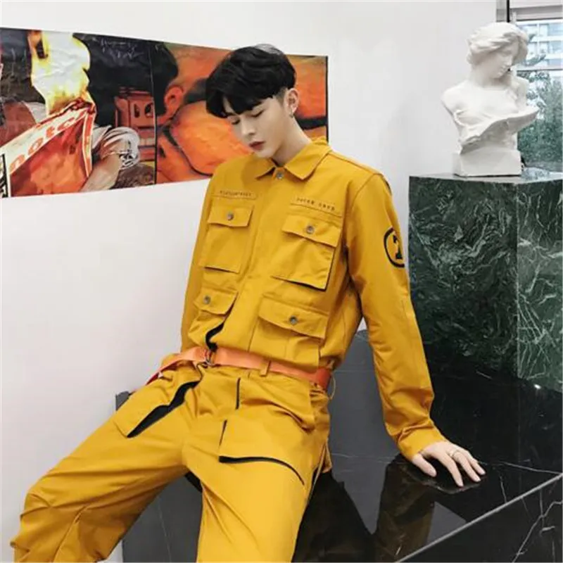 

men's pocket tooling jumpsuit street hip hop nightclub personality couple suit loose casual jumpsuit student wear overalls cargo