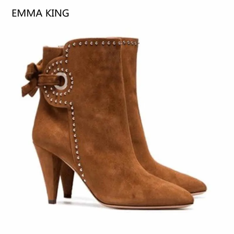 Cristal Bout Talons Chaussures Hauts De Picture Bottines Pointu Martin Arc Suede Femme Shown noeud Dames Spike Talon Élégant As Sexy Nouveau Femmes In Brown BQoCdxWre